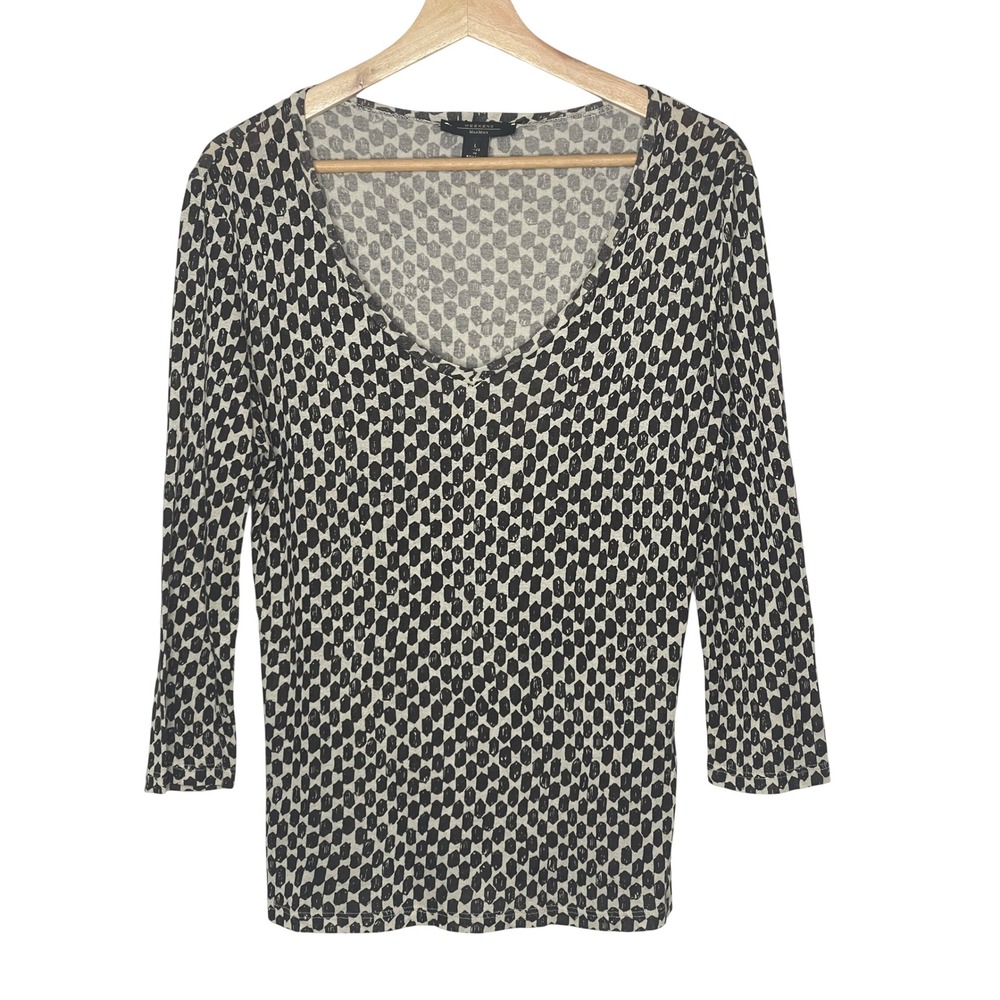 Weekend Max Mara Black White Geometric Honeycomb V-Neck 3/4 Sleeve Top Large